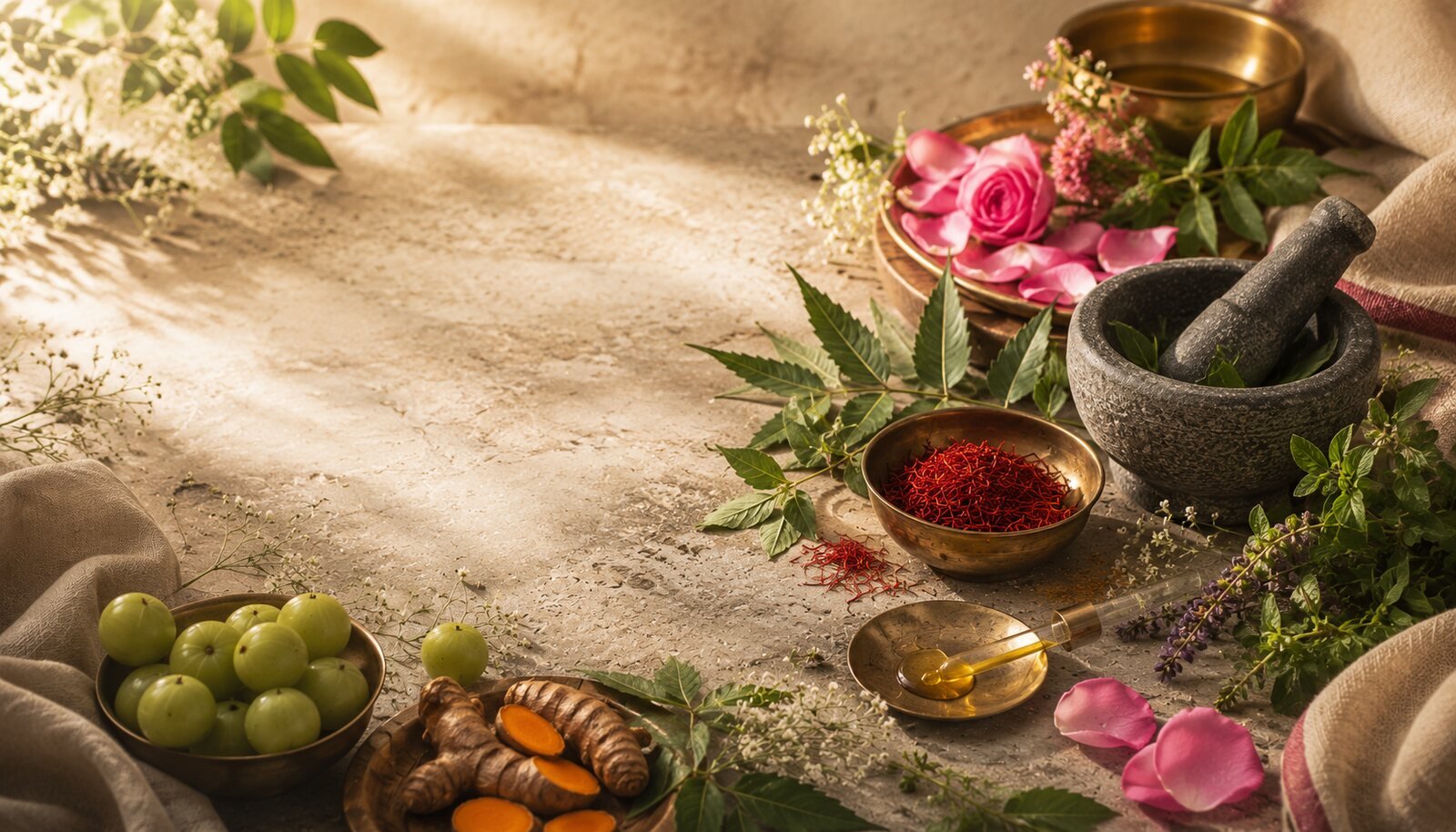 Ayurvedic skincare botanicals — amla, turmeric, saffron, rose and neem