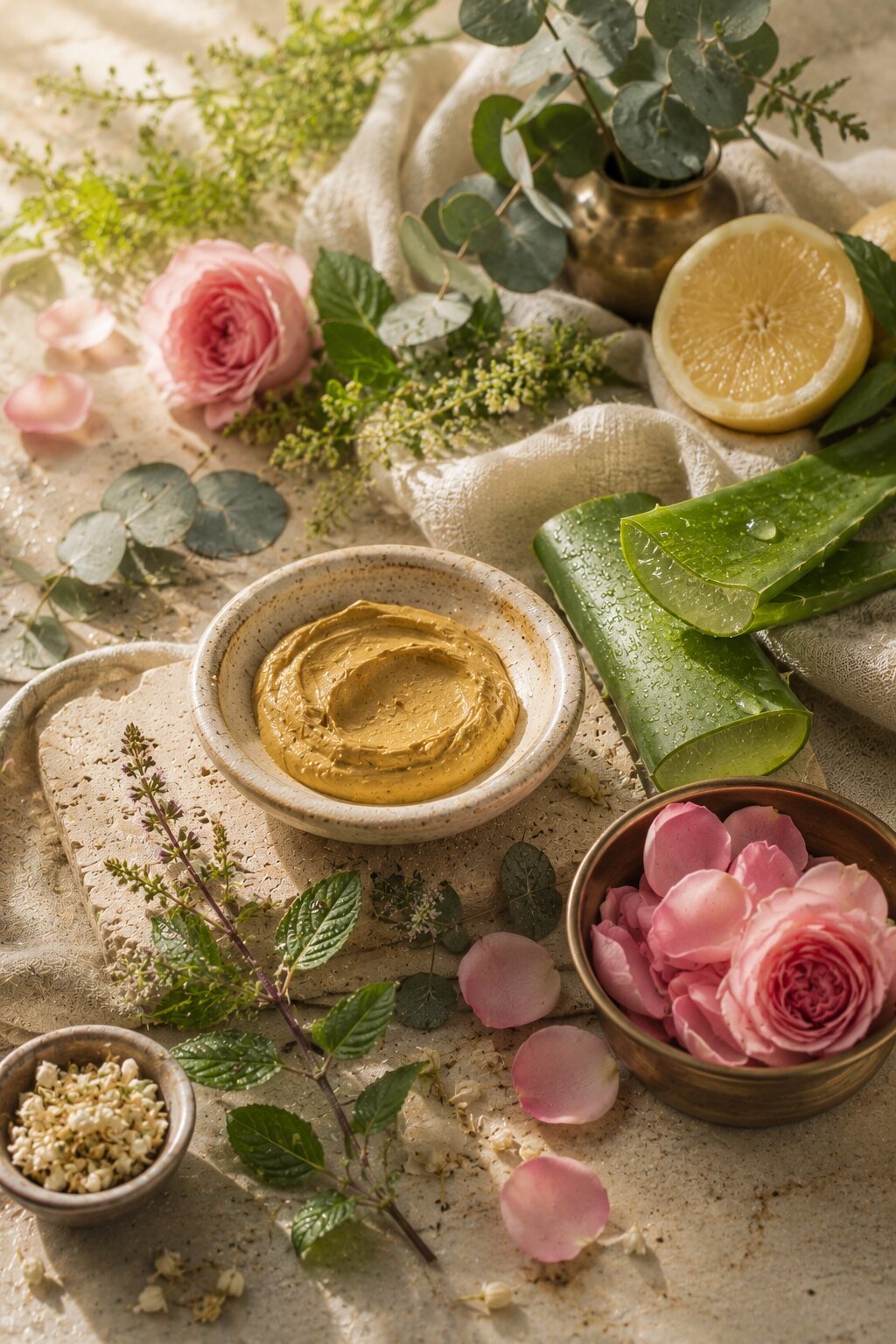 Natural skincare ingredients — ubtan clay, aloe vera, lemon and rose