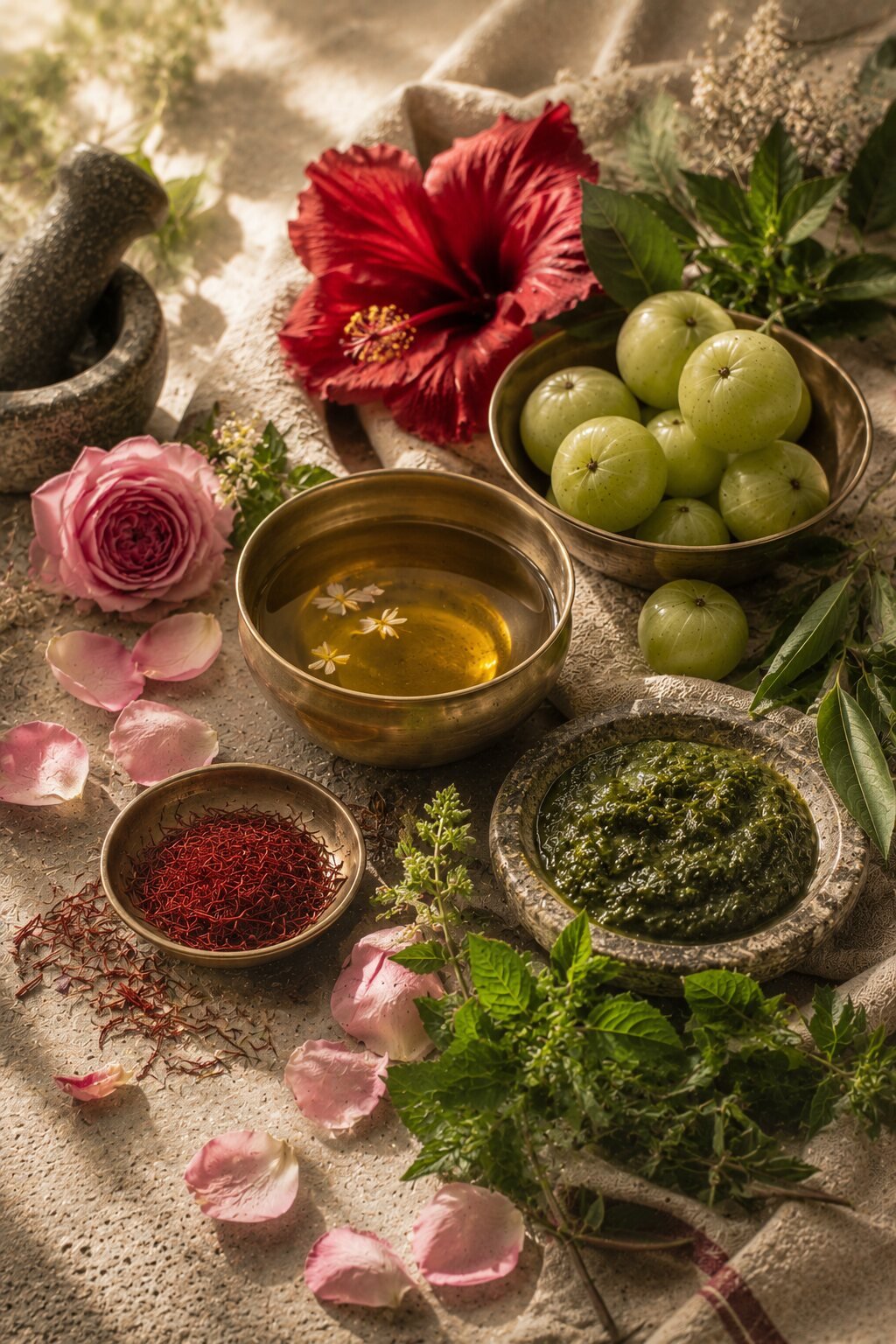 Ayurvedic skincare and haircare — hibiscus, amla, saffron and herbal oil