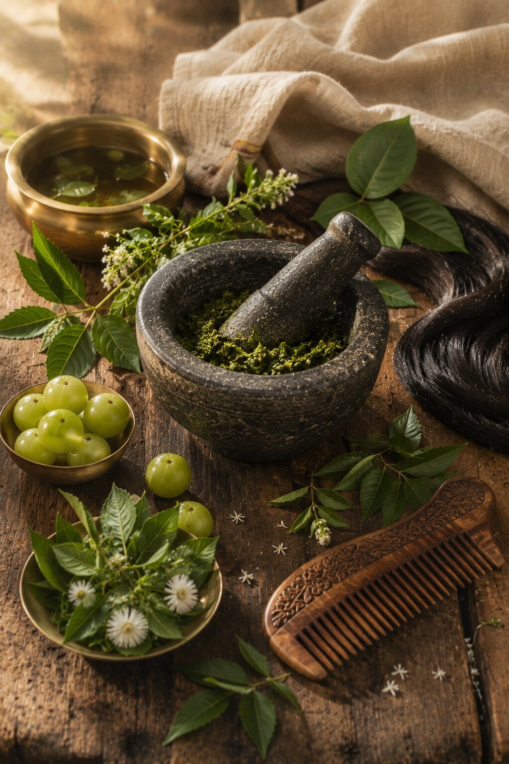 Ayurvedic haircare ritual — herbal paste, amla, neem and a wooden comb