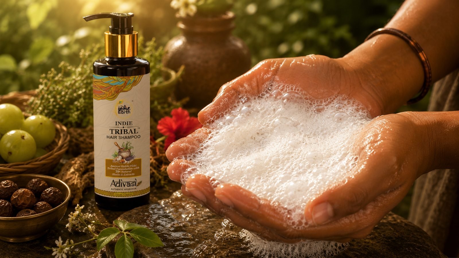Gentle herbal lather of The Indie Earth Adivasi Shampoo
