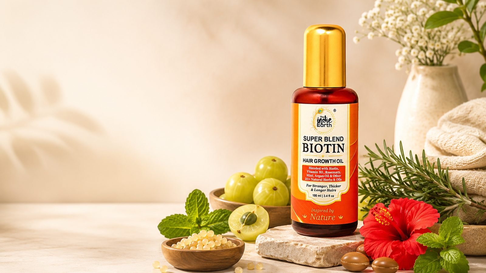 The Indie Earth Super Blend Biotin Hair Growth Oil 100ml with amla, rosemary and argan