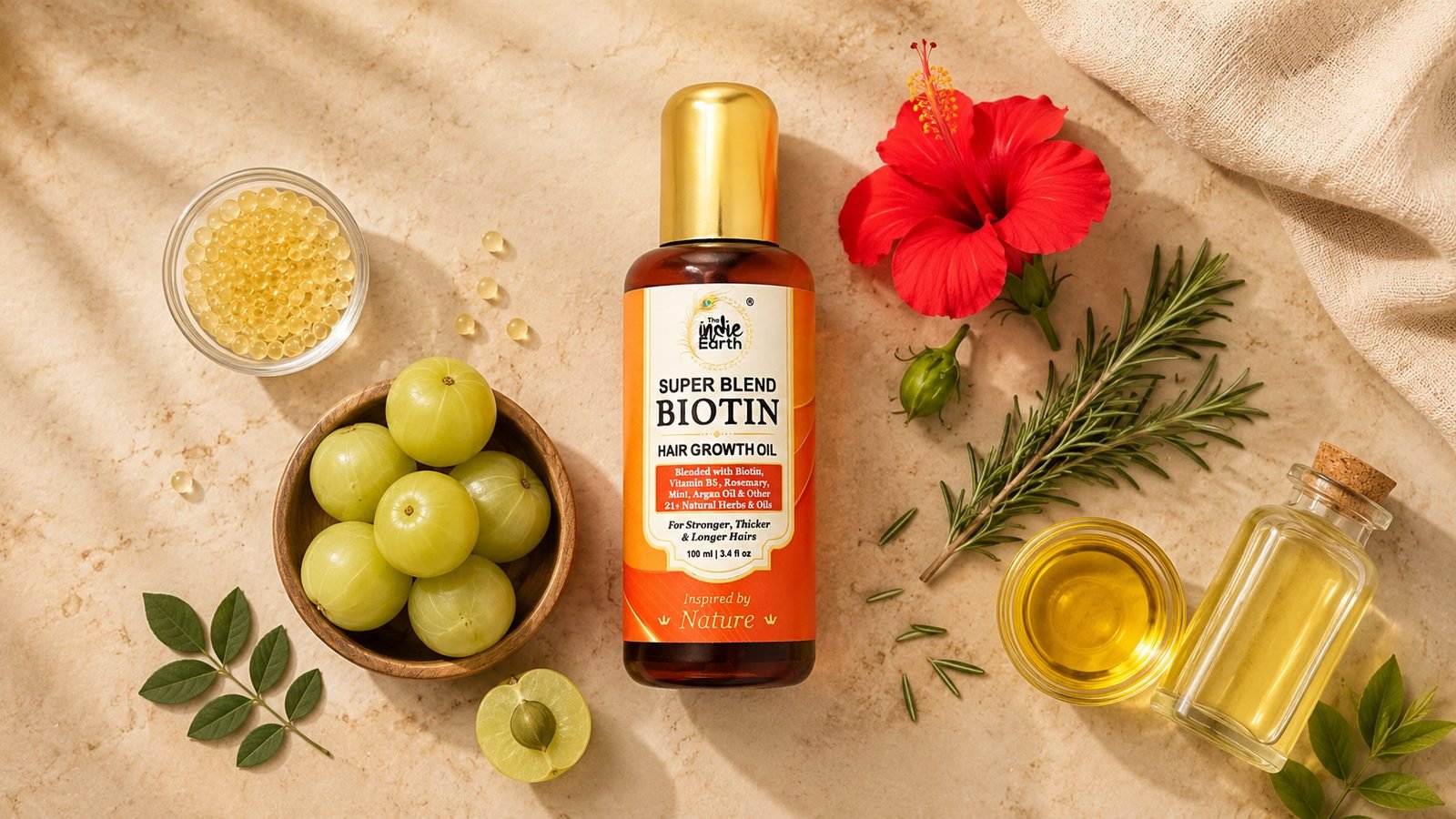 Biotin, rosemary, argan and Ayurvedic botanicals in The Indie Earth Biotin Hair Oil