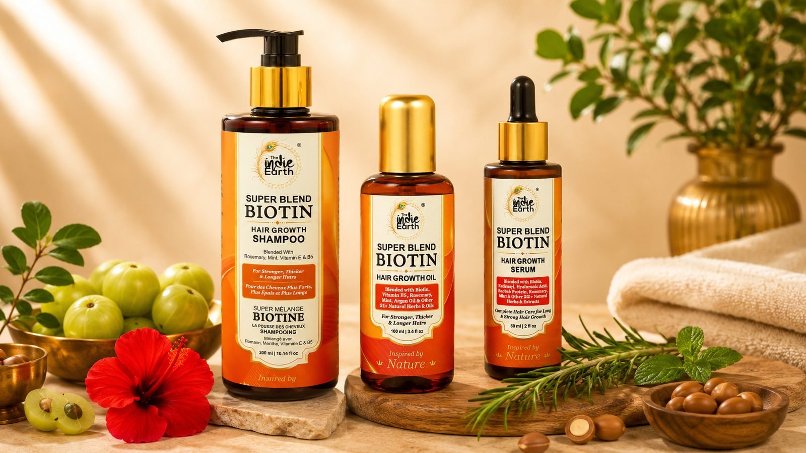 The Indie Earth Biotin hair growth routine with shampoo, oil and serum