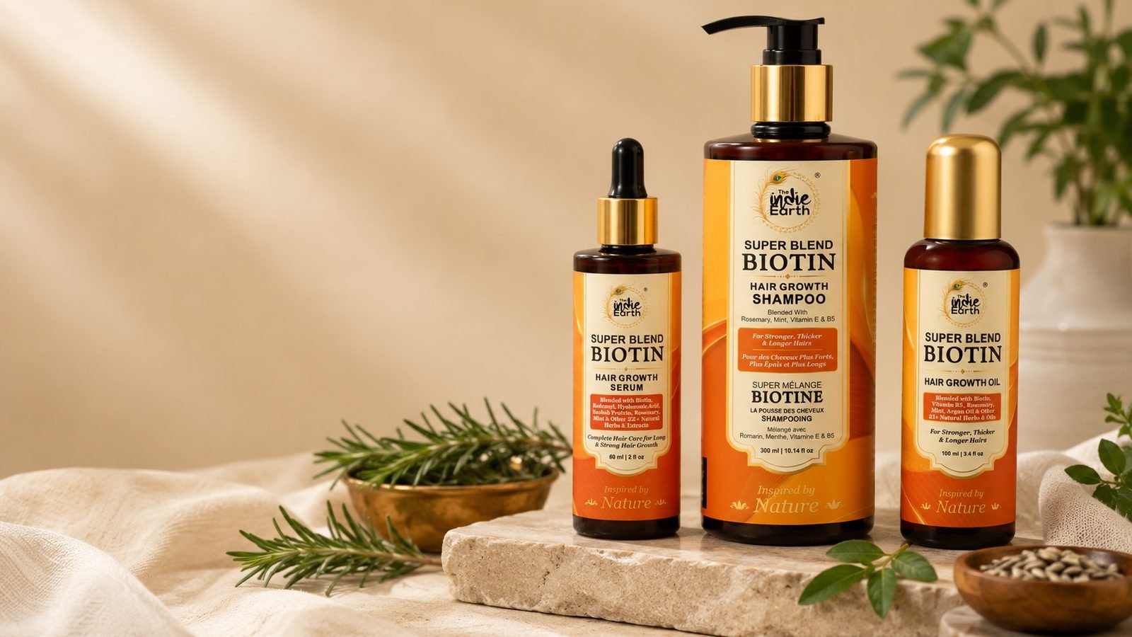 The Indie Earth Biotin routine with serum, shampoo and oil