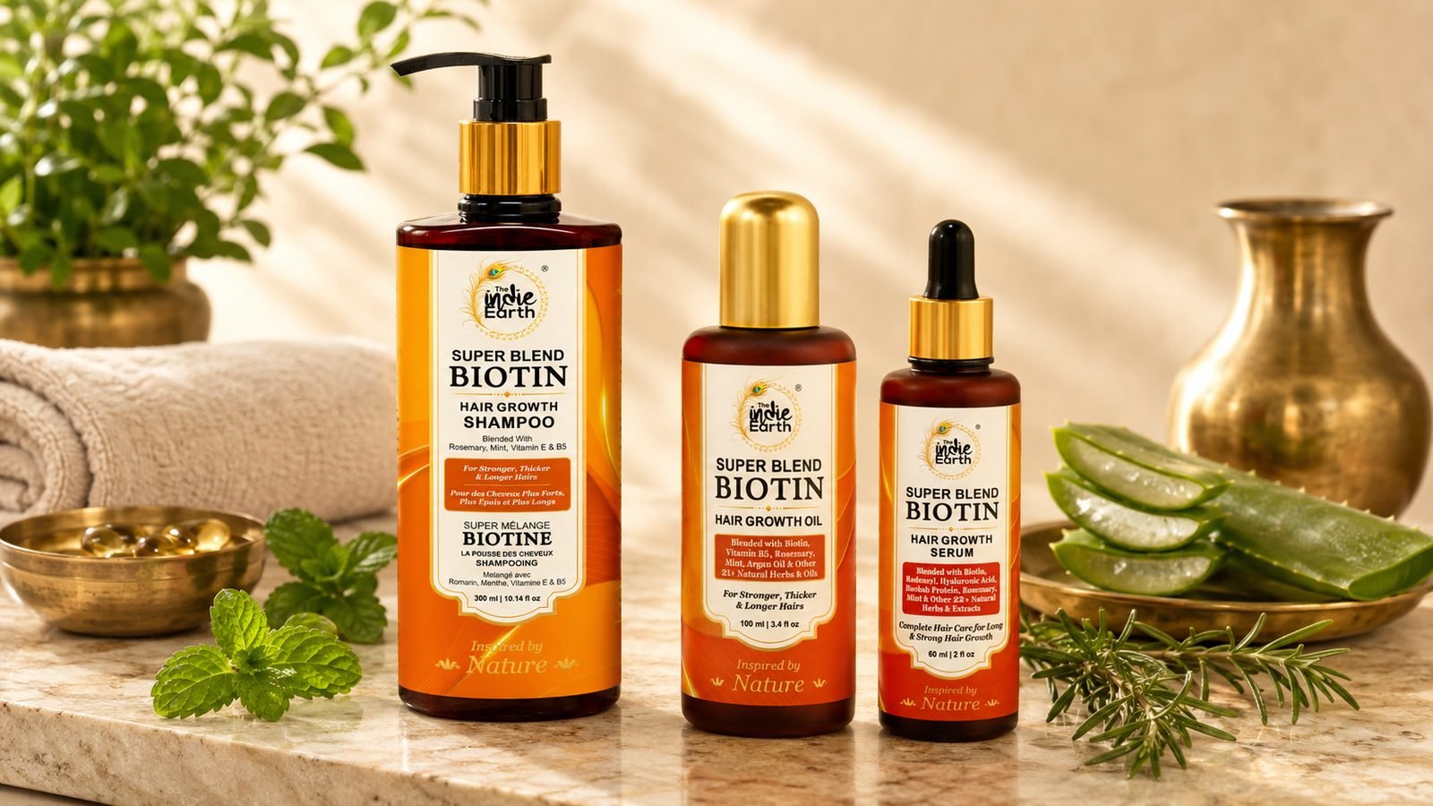 The Indie Earth Biotin routine with shampoo, oil and serum