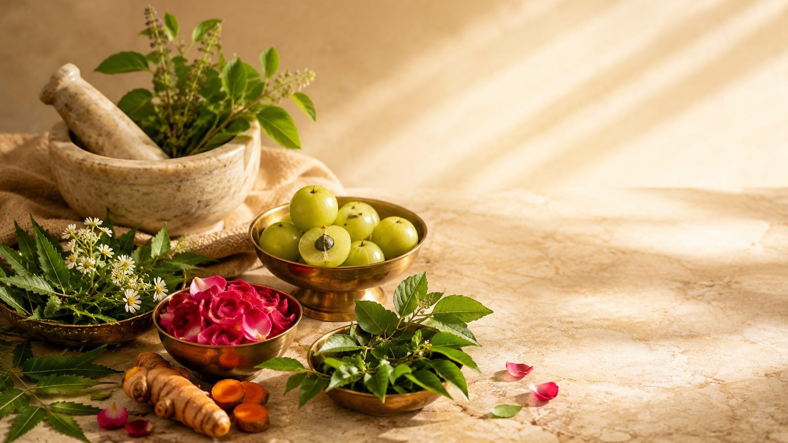 Ayurvedic botanicals amla, neem and rose by The Indie Earth