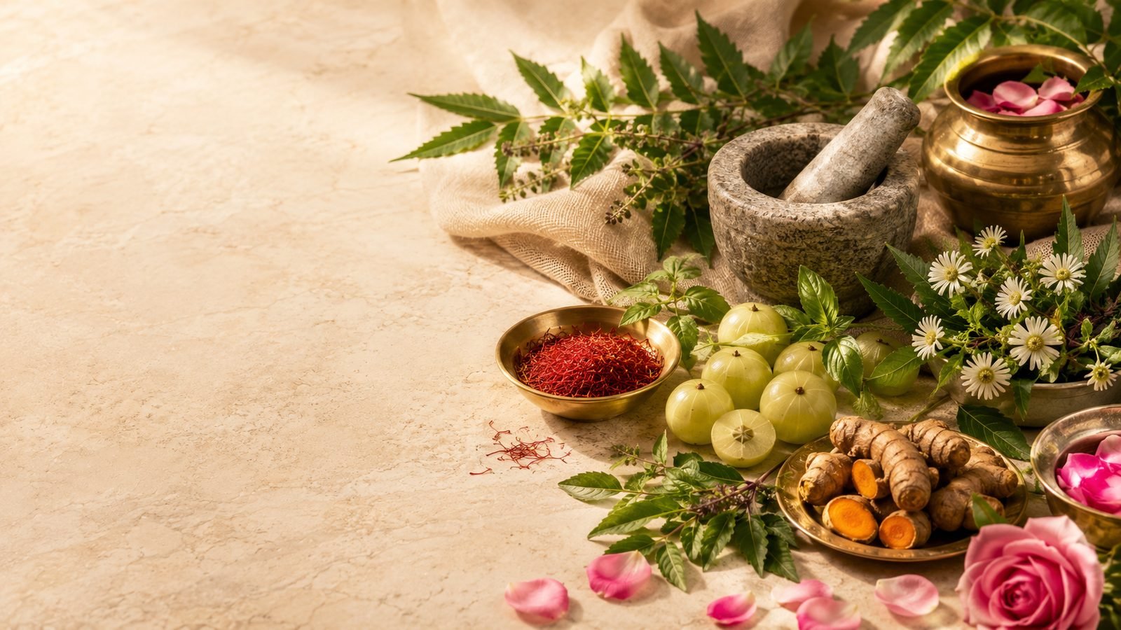 Ayurvedic botanicals neem, tulsi, saffron and amla by The Indie Earth