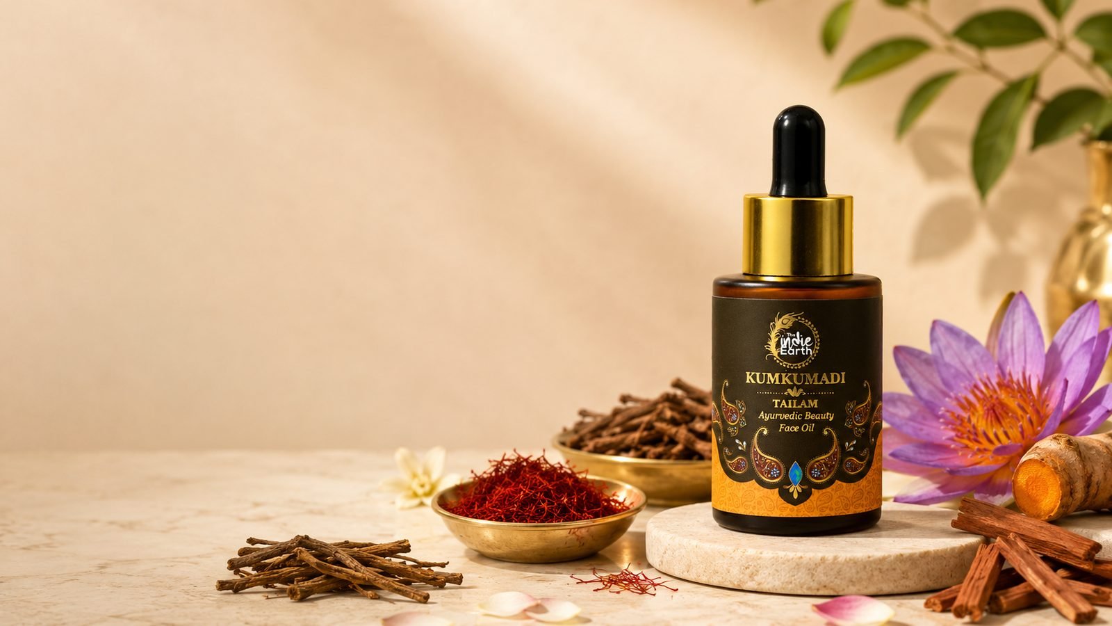 The Indie Earth Kumkumadi Tailam Ayurvedic beauty face oil with saffron and blue lotus