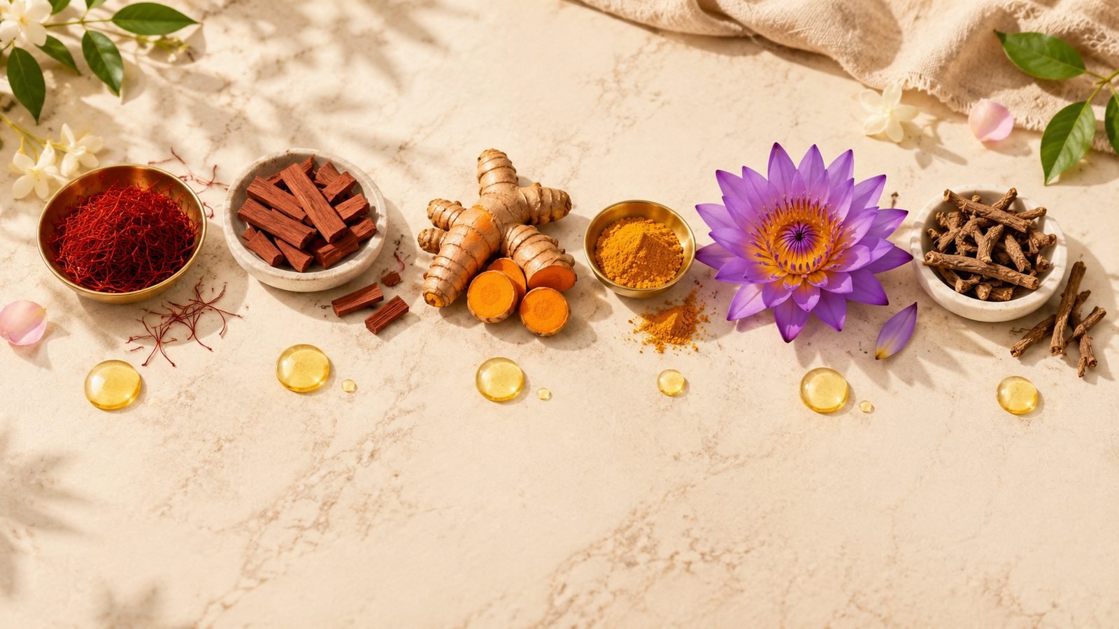 Saffron red sandalwood turmeric and blue lotus in Kumkumadi Tailam