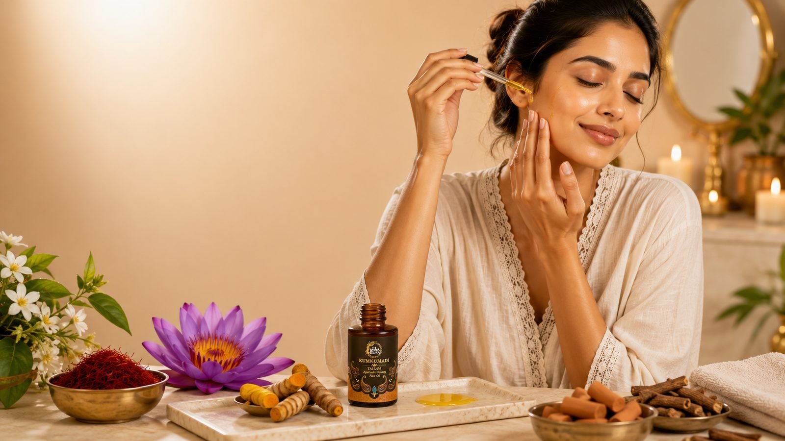 Woman applying Kumkumadi Tailam face oil in an evening skin ritual
