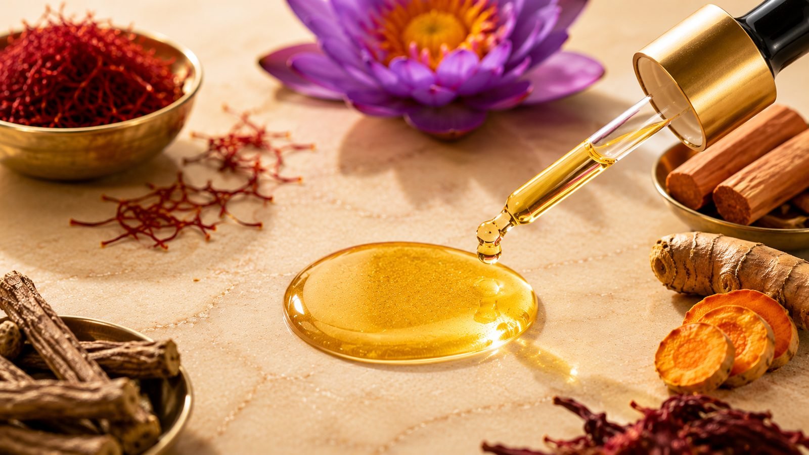 Golden drop of Kumkumadi Tailam oil among Ayurvedic botanicals