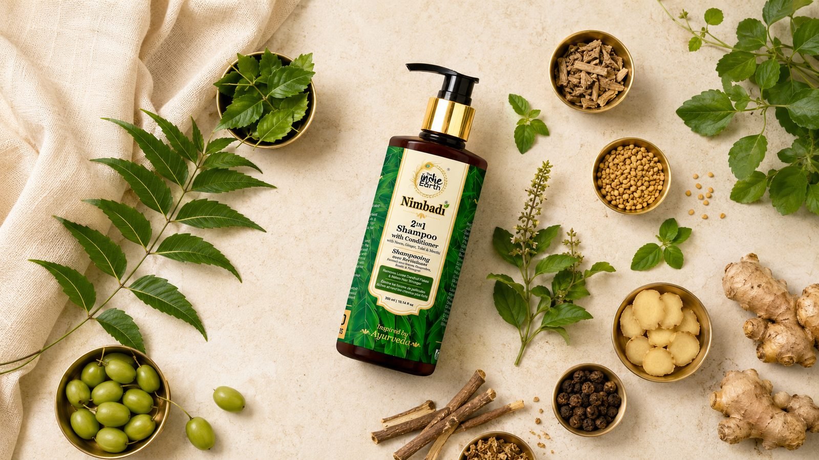 Neem, ginger, tulsi and Ayurvedic herbs in The Indie Earth Nimbadi Shampoo