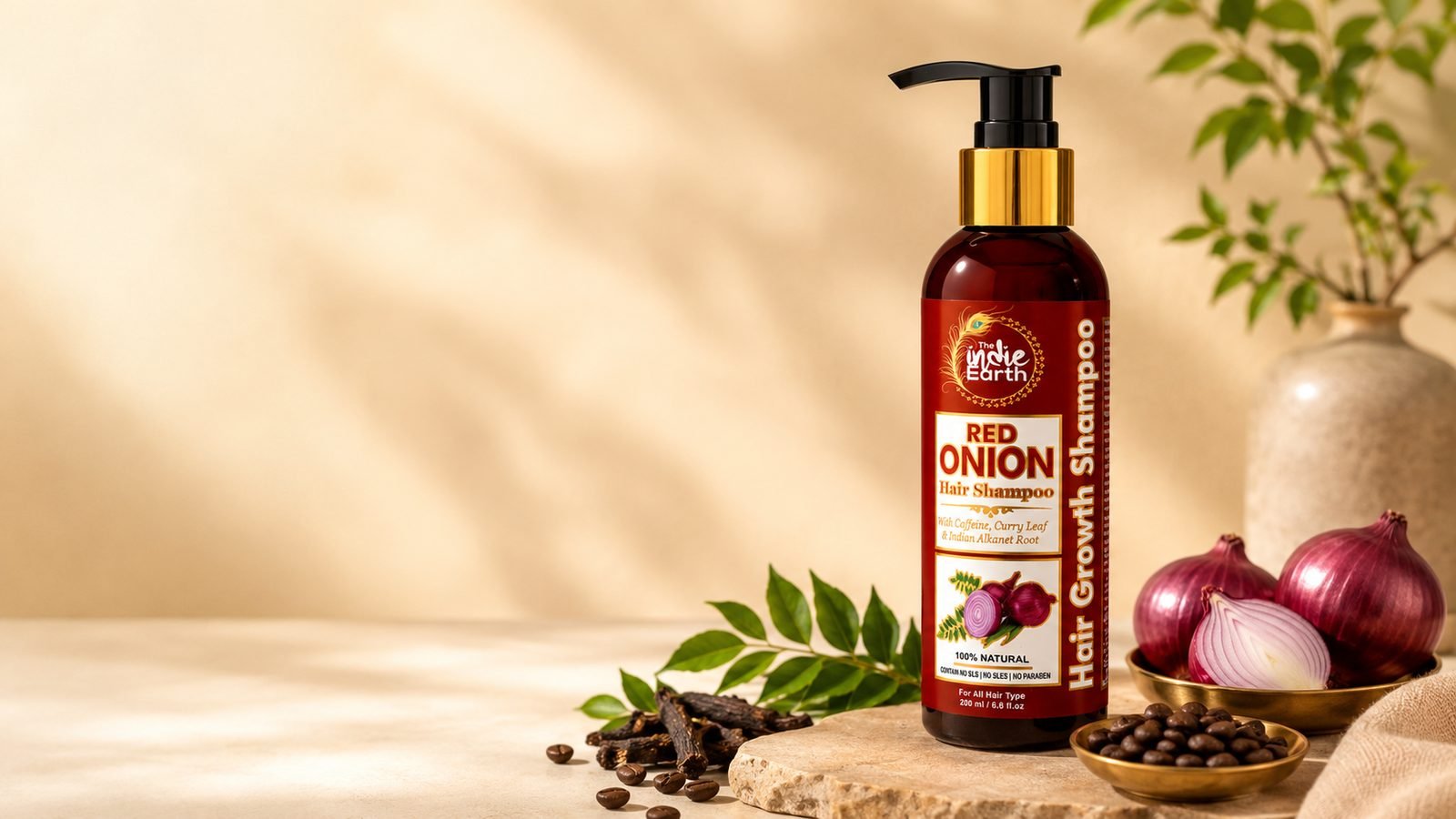 The Indie Earth Red Onion Caffeine Hair Growth Shampoo 200ml with curry leaf
