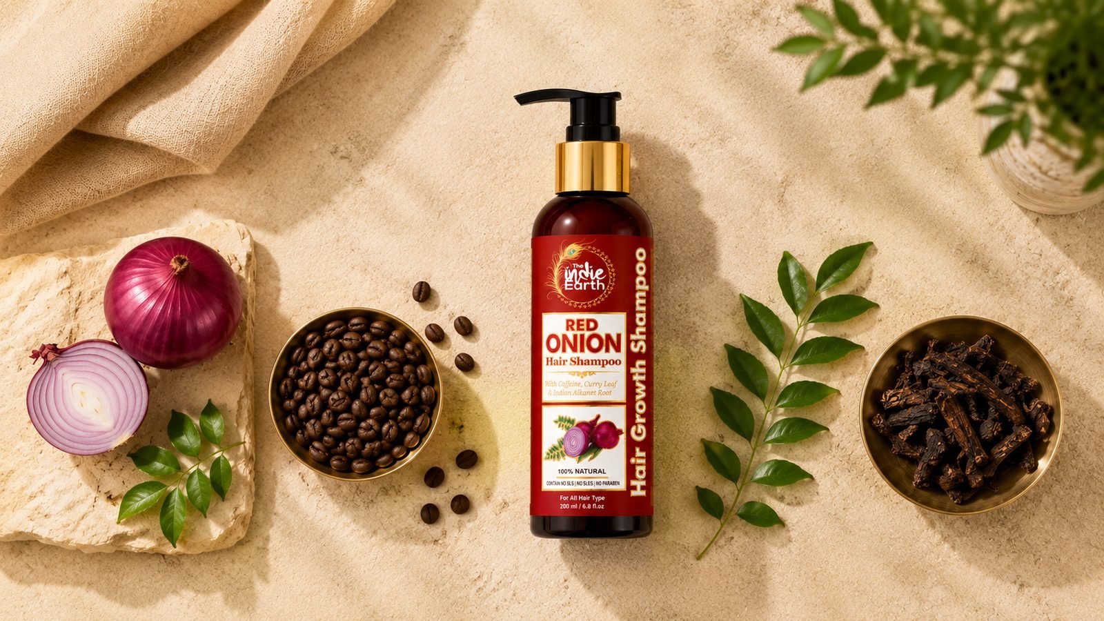 Red onion, caffeine, curry leaf and ratan jot in The Indie Earth shampoo