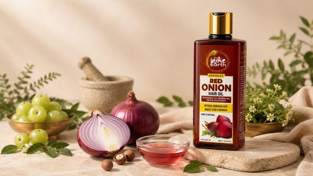 The Indie Earth Advanced Red Onion Hair Oil with Redensyl and botanical oils