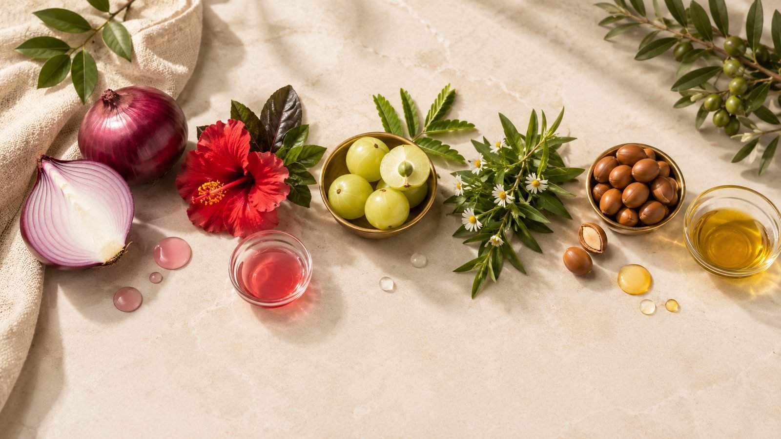 Red onion, hibiscus, amla, chamomile and argan in the Red Onion Hair Oil