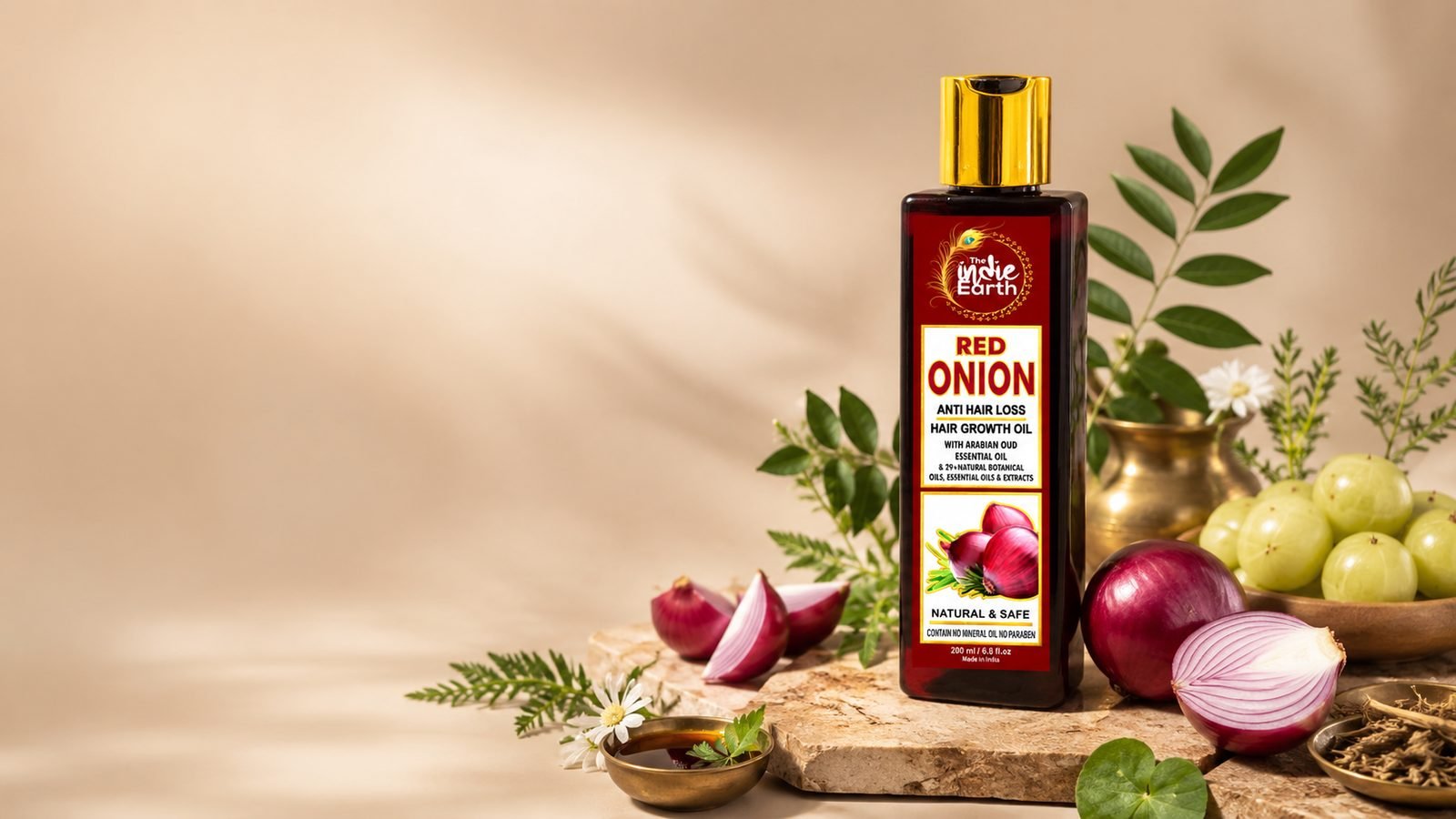 The Indie Earth Red Onion Anti Hair Loss Hair Growth Oil 200ml with amla and neem