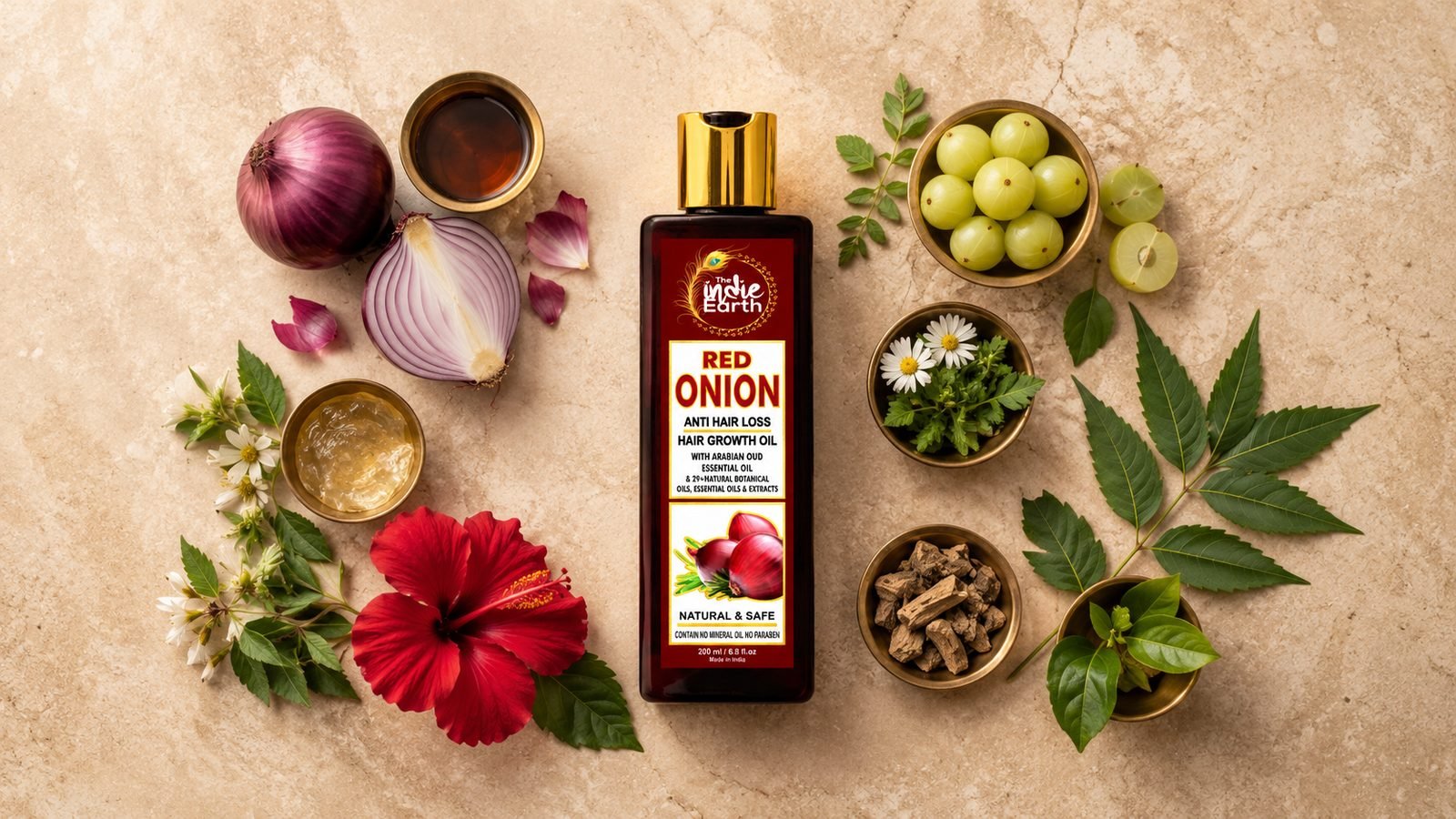 Red onion, amla, bhringraj and neem in The Indie Earth Red Onion Hair Oil