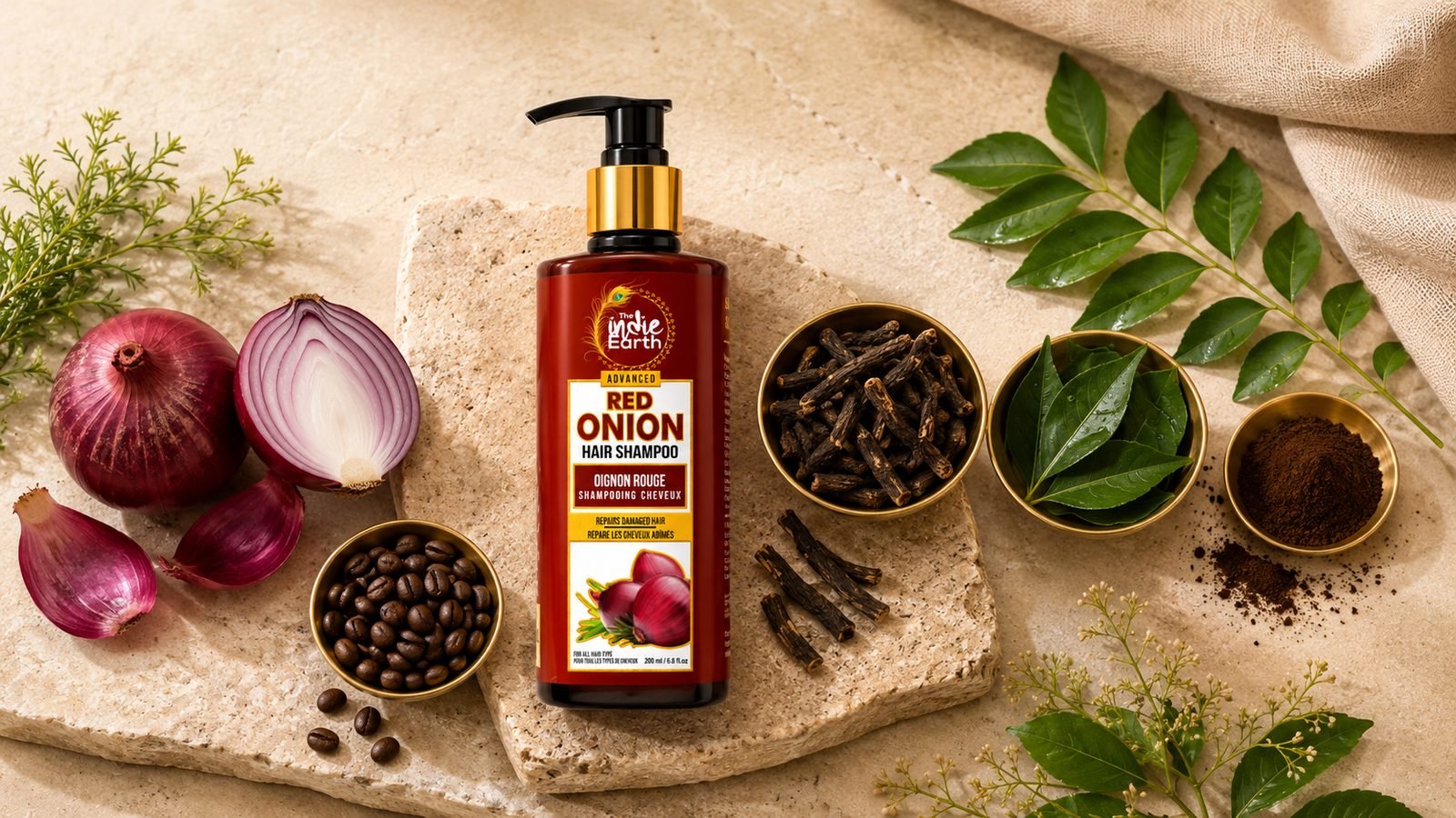 Red onion, coffee, clove, curry leaf and alkanet in the Red Onion Shampoo