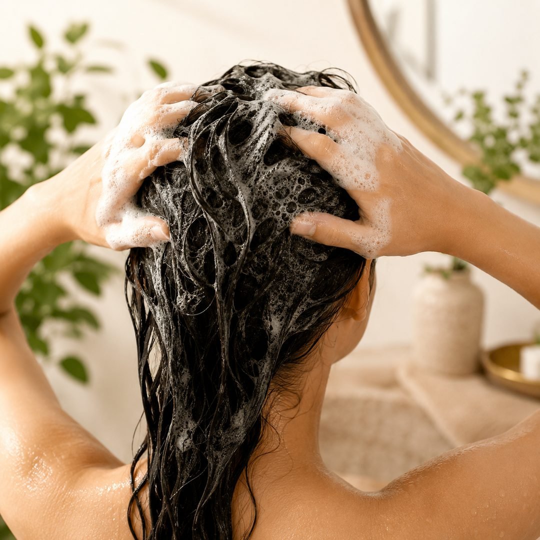 Lathering The Indie Earth Red Onion Shampoo into the scalp