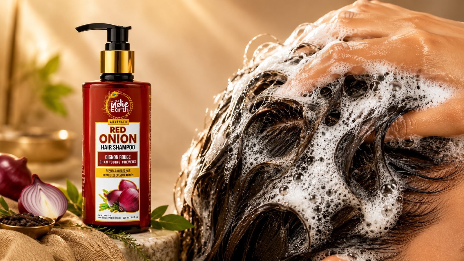Rich lather of The Indie Earth Red Onion Shampoo