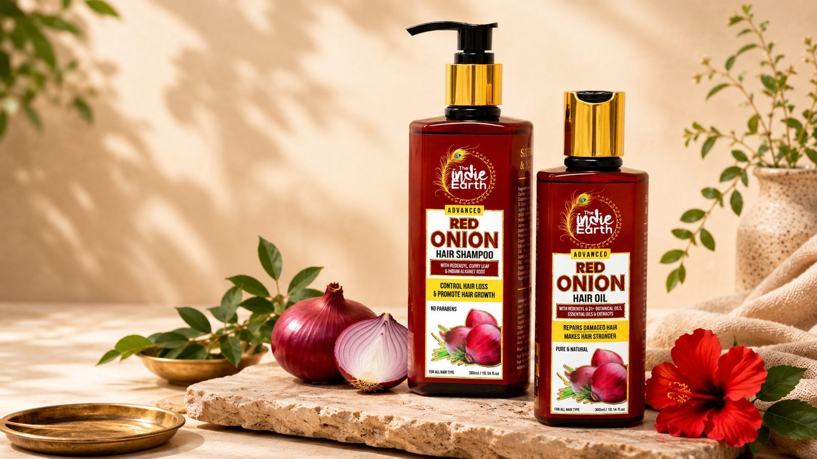 Red Onion Shampoo and Hair Oil hair care regime by The Indie Earth