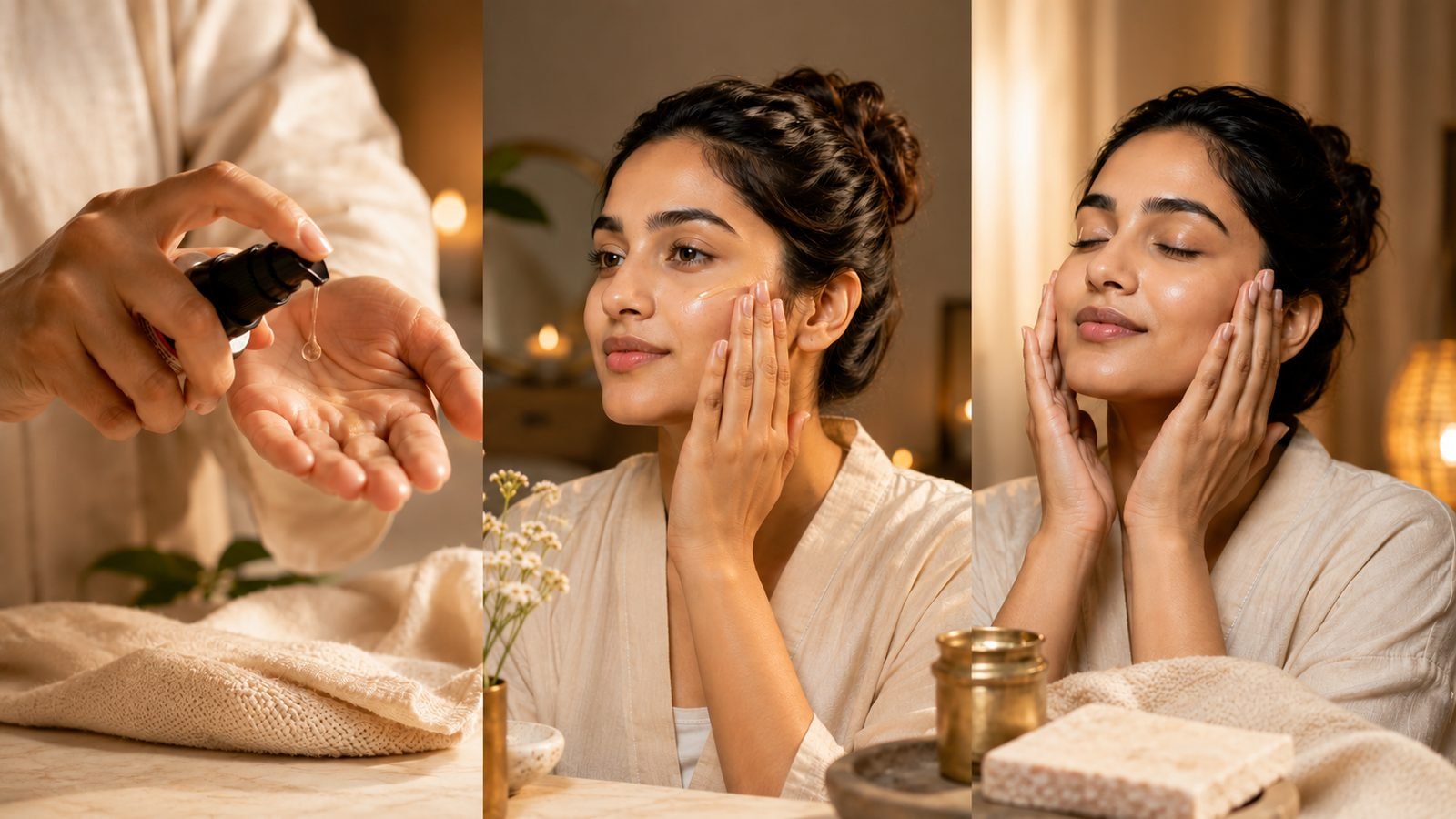 Woman applying Retinol serum in an evening skincare routine