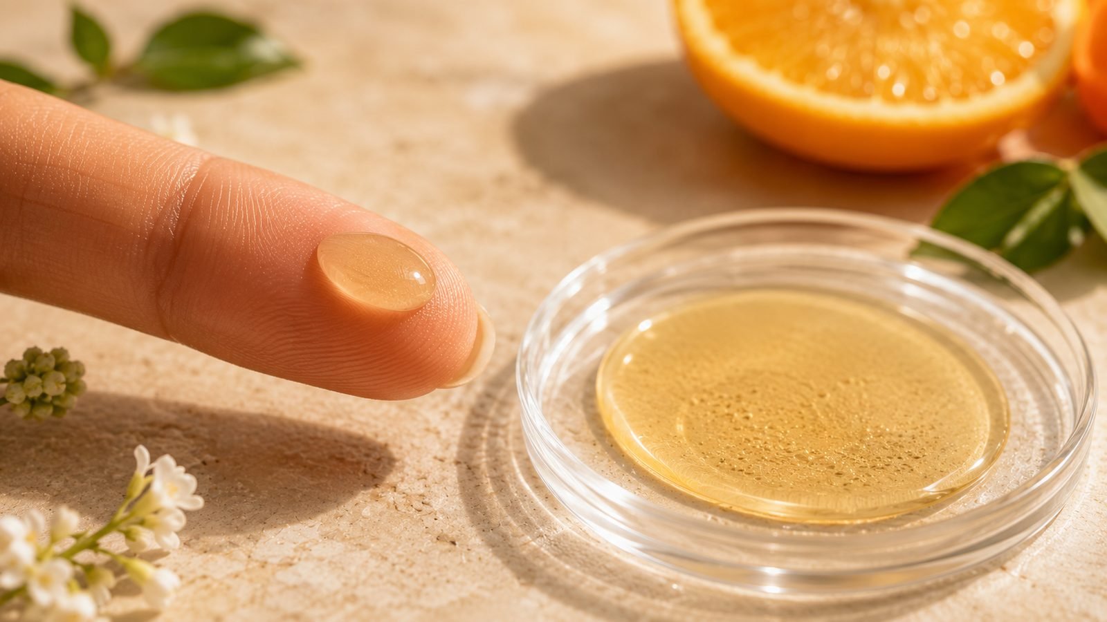 Golden drop of Retinol serum beside fresh orange