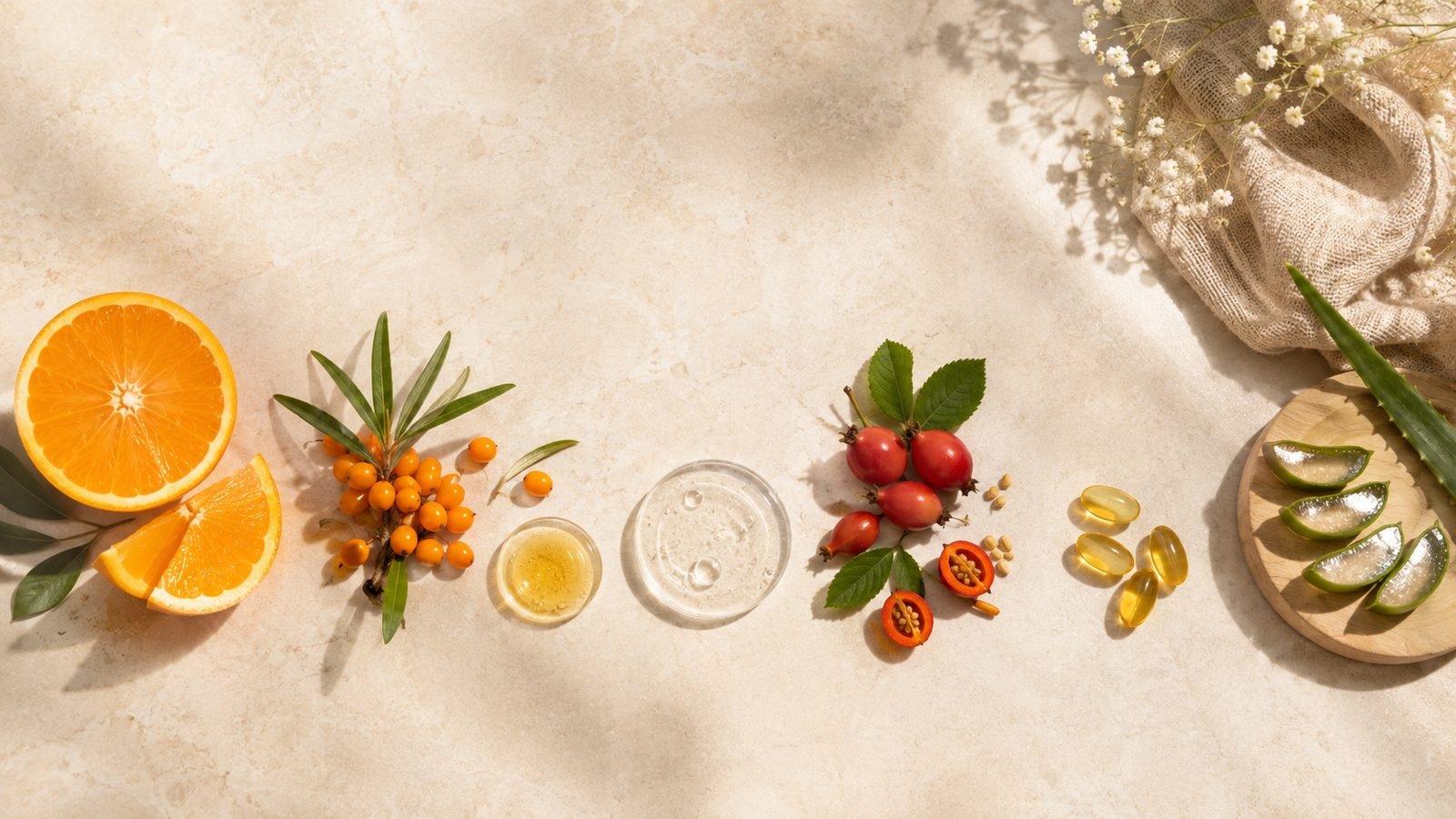 Orange, sea buckthorn, rosehip and aloe in the Vitamin C serum