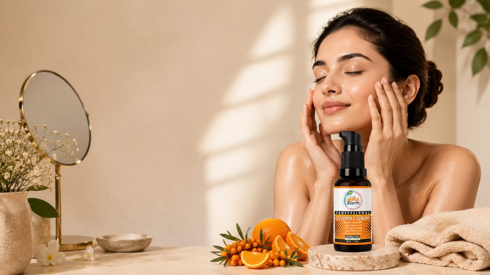 Woman applying Vitamin C serum in a morning routine