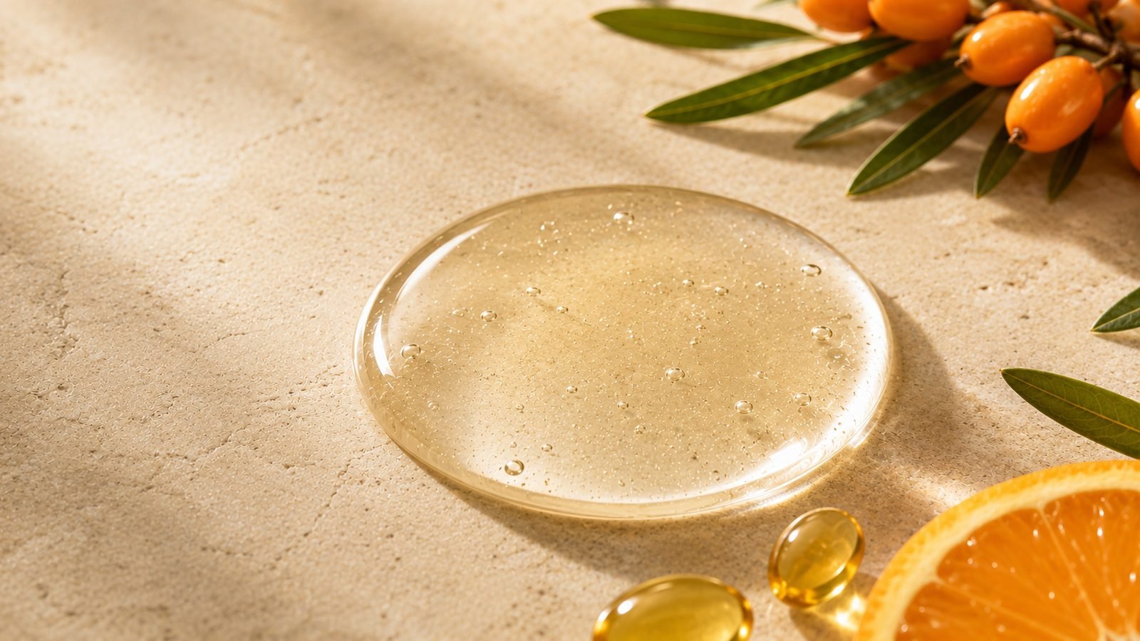 Golden Vitamin C serum gel drop with orange and sea buckthorn