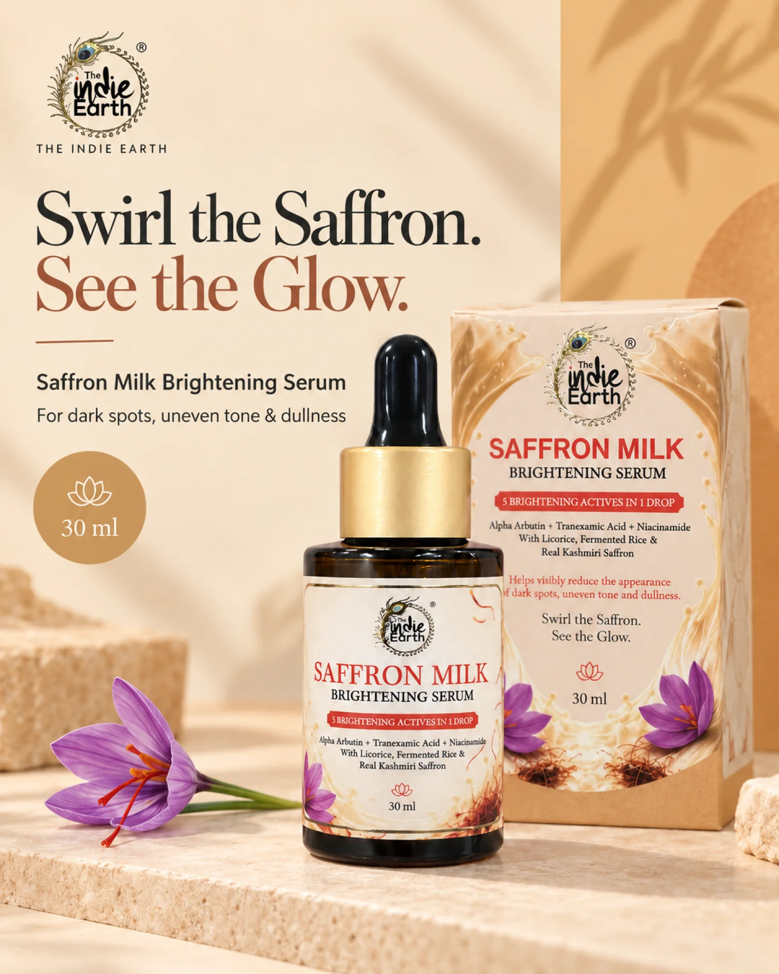 Saffron Milk Brightening Serum - hero The Indie Earth Saffron Milk Brightening Serum 30ml - hero