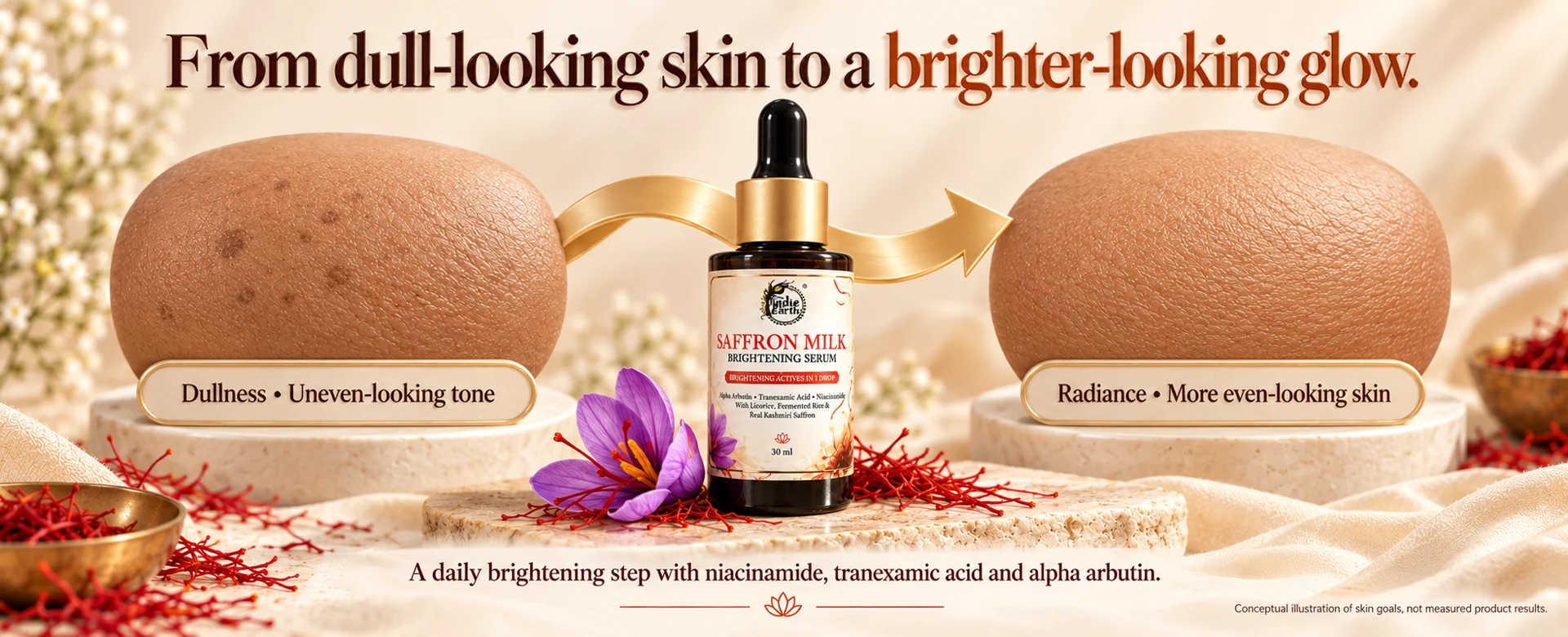 From dull-looking skin to a brighter-looking glow with the Saffron Milk Brightening Serum
